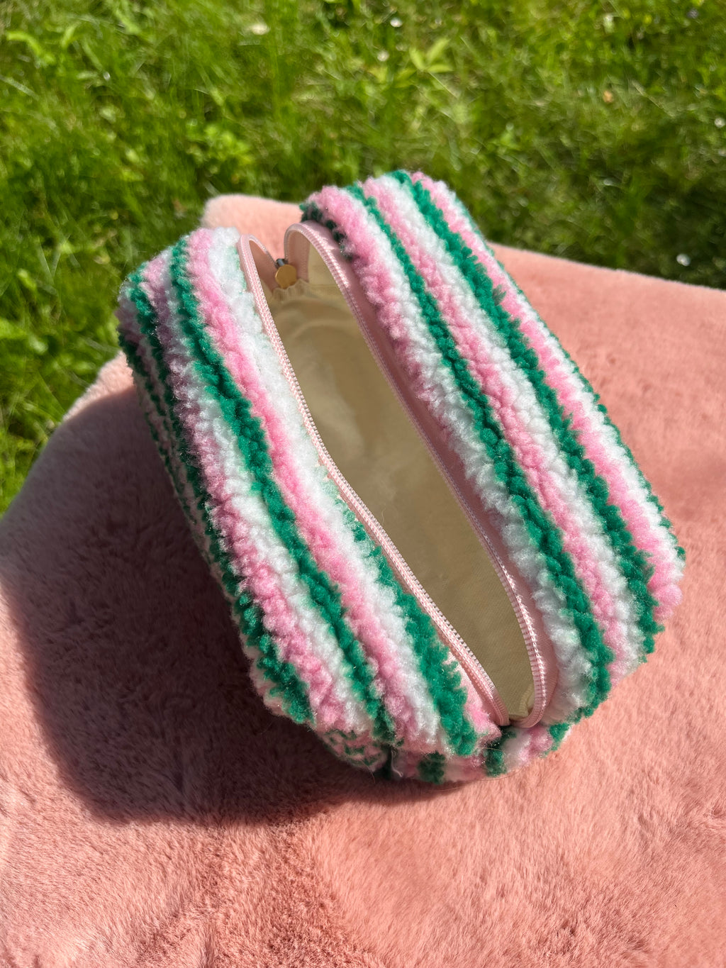 toilettas witte, groene en roze strepen