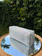 pennenzak beige met gekleurde streepjes